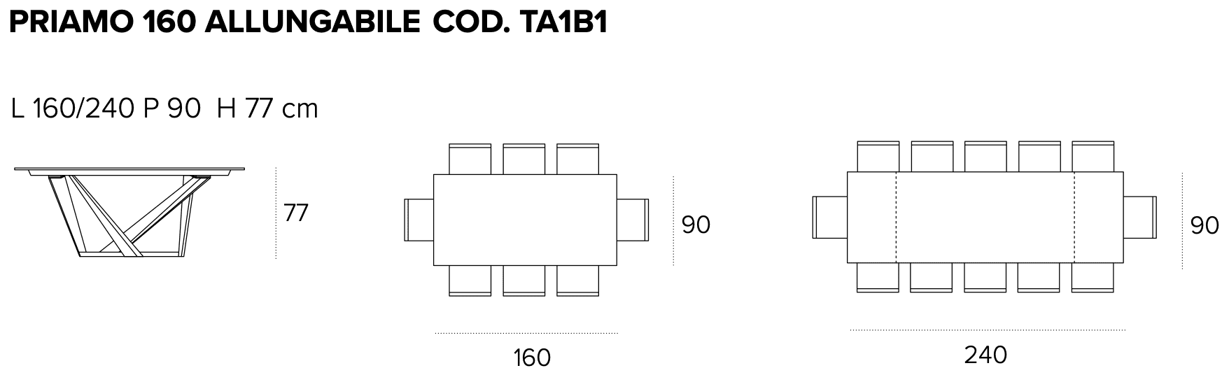 Размеры стола Target Point Priamo 160/240, TA1B1